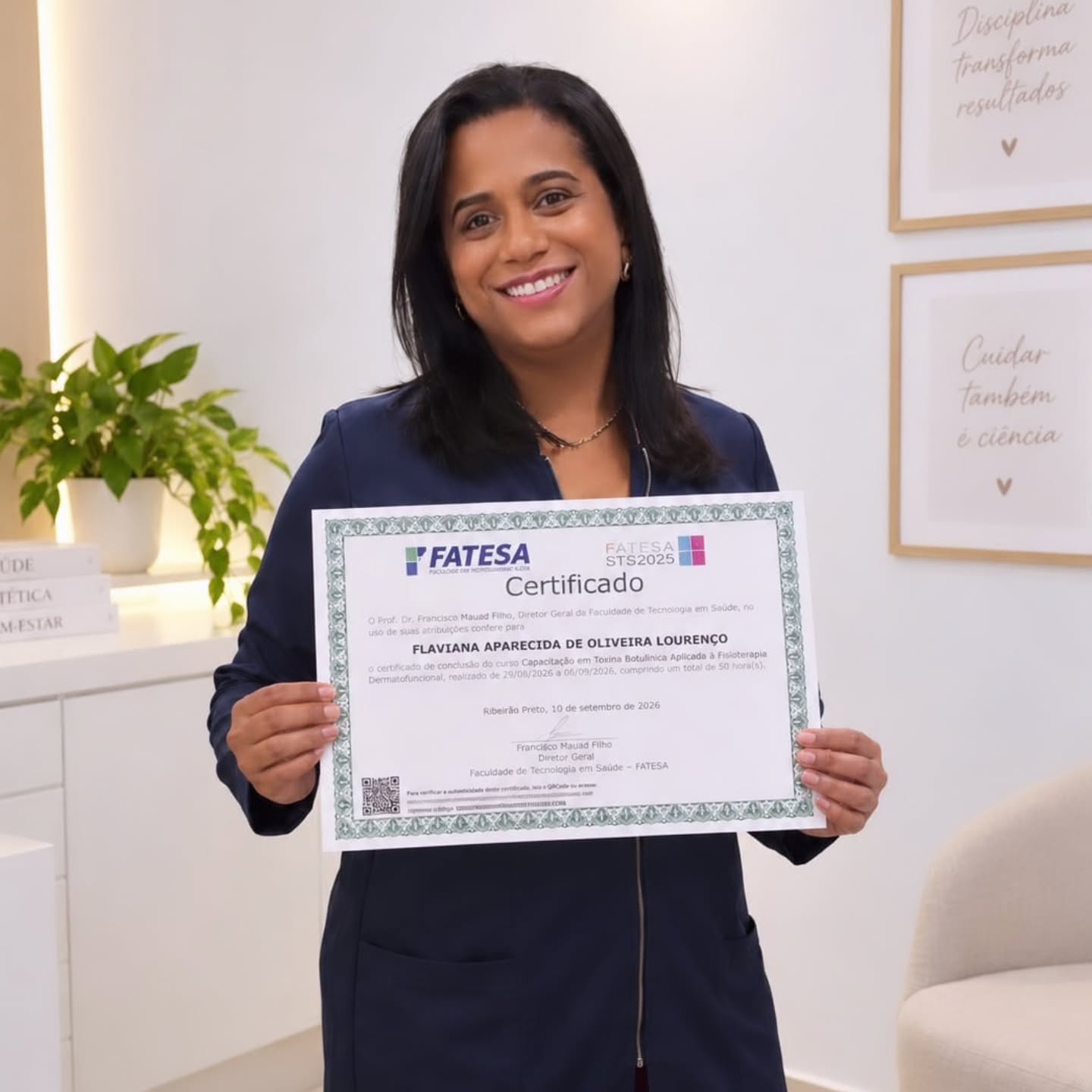 Dra. Flaviana Lourenço sorrindo e apresentando seu certificado de capacitação